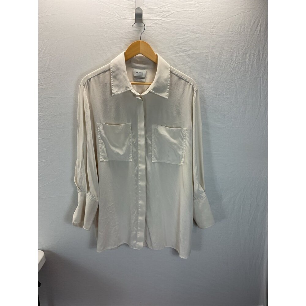 St John Silk Blouse Ivory Button Up Pointed Collar Size‎ 16